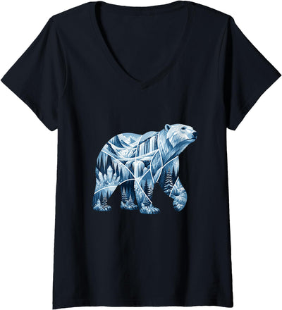 Women's Arctic Polar Bear Forest Waterfall Landscape V-Neck T-Shirt