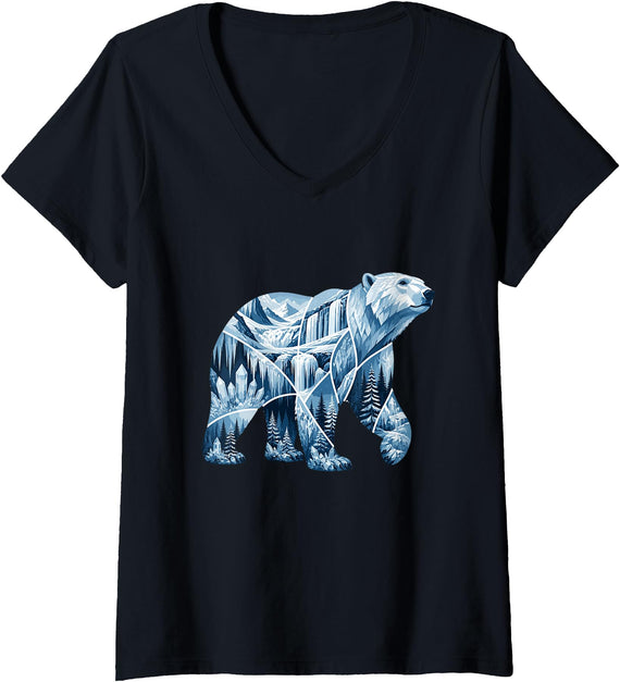 Arctic Polar Bear Mountain Waterfall Nature Women's Arctic Polar Bear Forest Waterfall Landscape V-Neck T-Shirt - Black
