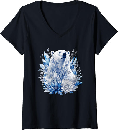 Women's Majestic Arctic Polar Bear with Ice Flowers Fantasy V-Neck T-Shirt