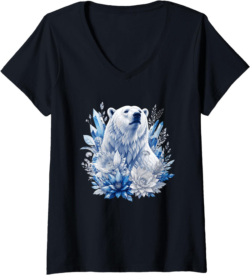 Arctic Polar Bear Crystal Flowers Nature Women's Majestic Arctic Polar Bear with Ice Flowers Fantasy V-Neck T-Shirt - Black