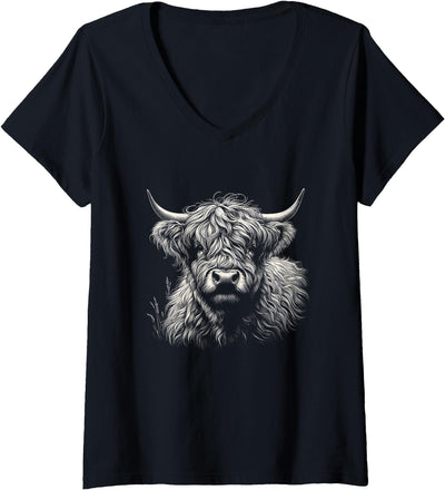Womens Vintage Scottish Highland Cow Face Cattle Art V-Neck T-Shirt