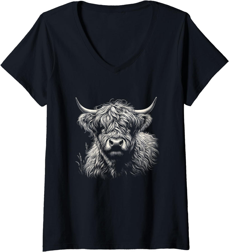 Highlander Cow Lover Theme Designs Womens Vintage Scottish Highland Cow Face Graphic Cattle Art Design V-Neck T-Shirt - Black