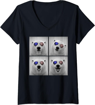 Women's Polar Bear 4th of July US American Flag Patriotic V-Neck T-Shirt