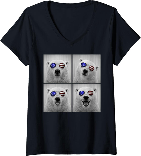 Retro Polar Bear USA July Fourth Photo Booth Women's Polar Bear 4th of July US American Flag Patriotic V-Neck T-Shirt - Black