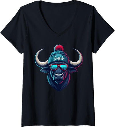 Cow Bison Sunglasses Women's Buffalo V-Neck T-Shirt