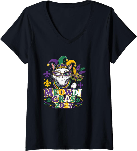 Funny Mardi Gras Cat Carnival Parade Apparel Women's Meowdi Gras 2027 Funny Mardi Gras Cat Beads Parade V-Neck T-Shirt -