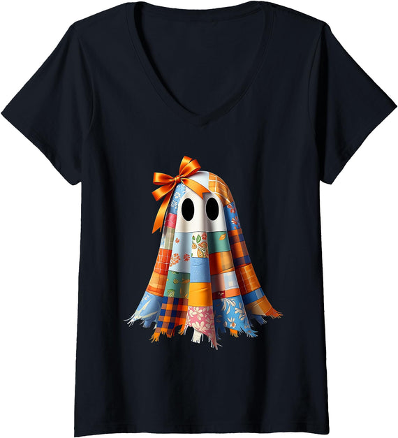 Patchwork Quilt Ghost Halloween Quilter Autumn Tee Women's Patchwork Ghost Quilt Halloween Quilter Fall Autumn Bow Cute