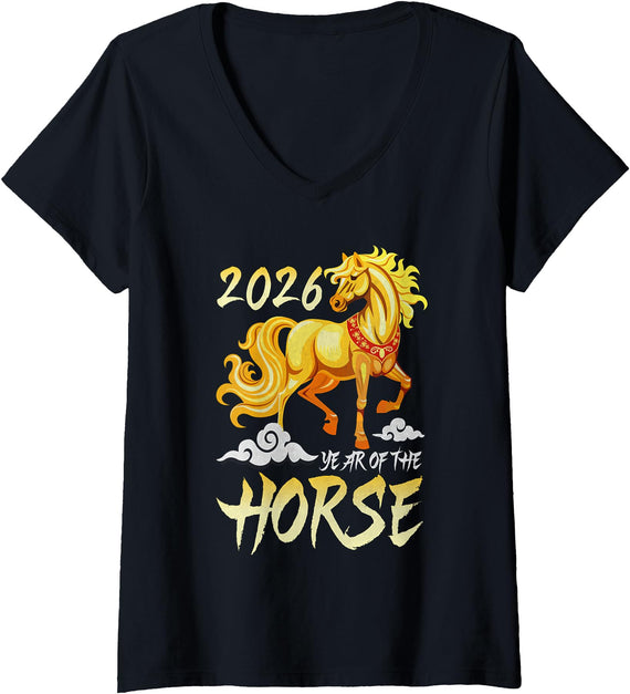 Chinese New Year Gifts 2026 & Horse Zodiac Clothes Womens Year of The Horse 2026, Chinese New Year 2026 V-Neck T-Shirt - Black