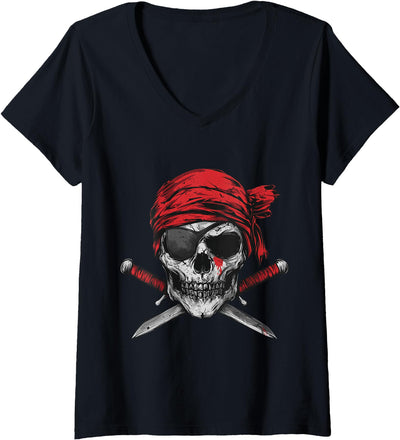Halloween Designs. Women's Pirate Flag Skull And Crossbones Skeleton Graphic Halloween V-Neck T-Shirt