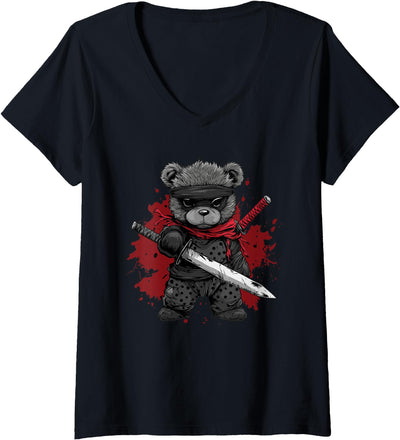 Womens Ninja Teddy Bear V-Neck T-Shirt