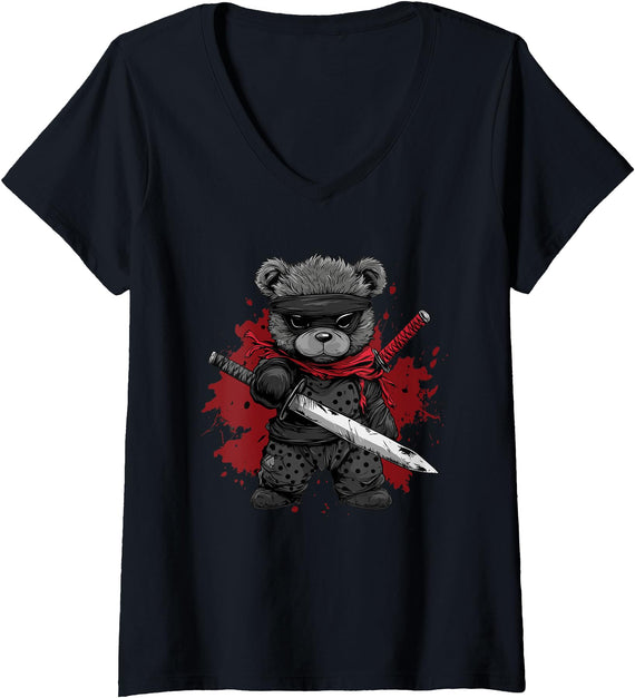 dark teddy bear love Womens Ninja Teddy Bear V-Neck T-Shirt - Black