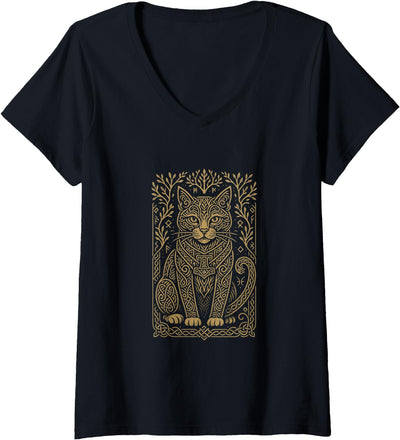 Celtic Feline Artistry Women's Mythical Celtic Knotwork Cat Art for Animal Lovers V-Neck T-Shirt