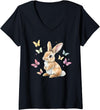 Womens Cute Easter Bunny Rabbit Butterfly V-Neck T-Shirt in Black