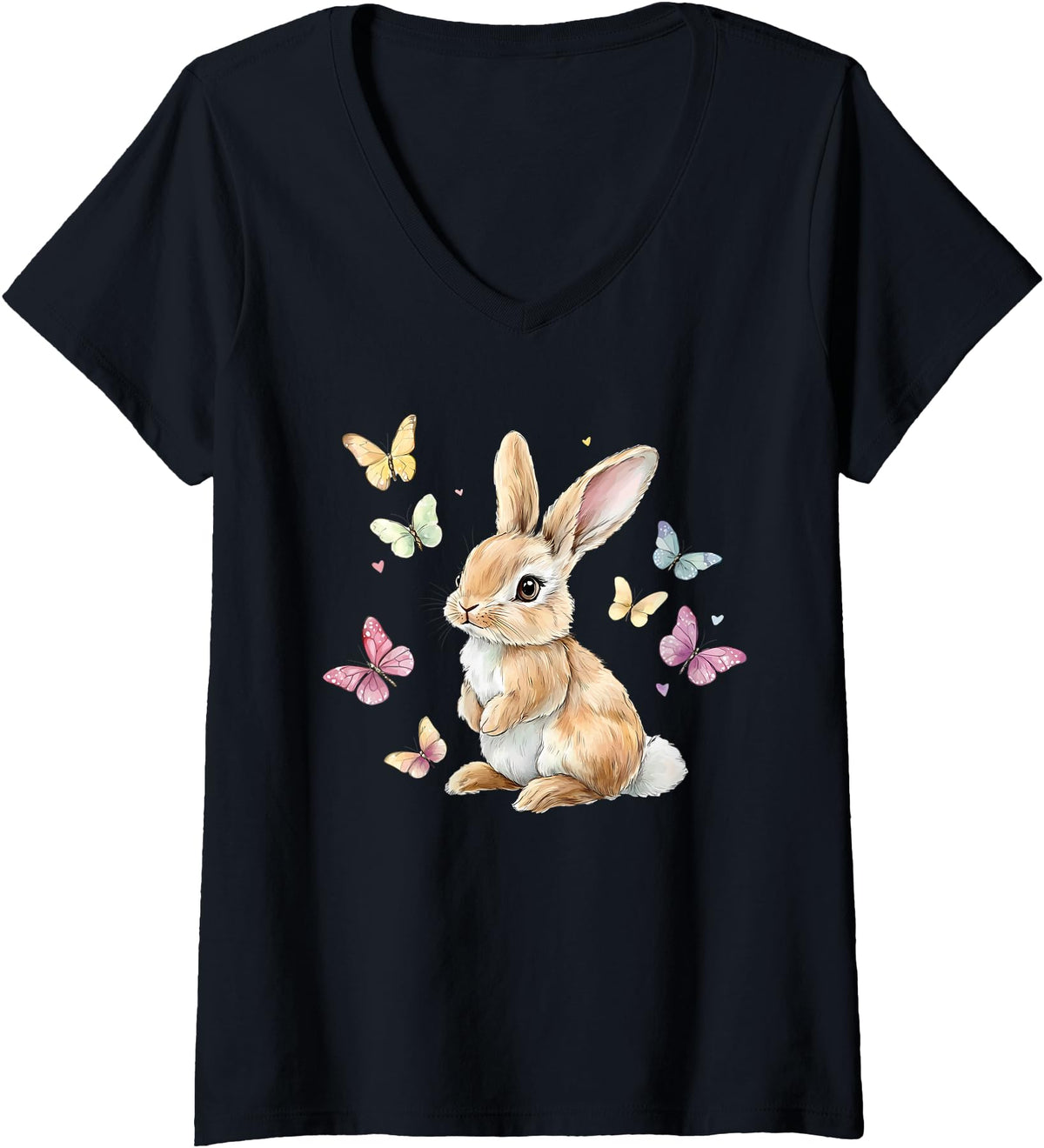 Womens Cute Easter Bunny Rabbit Butterfly V-Neck T-Shirt in Black