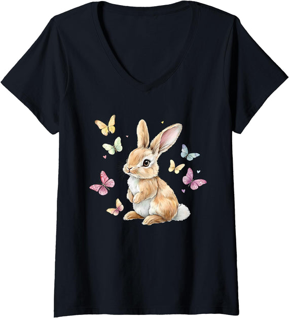 Womens Cute Easter Bunny Rabbit Butterfly V-Neck T-Shirt in Black