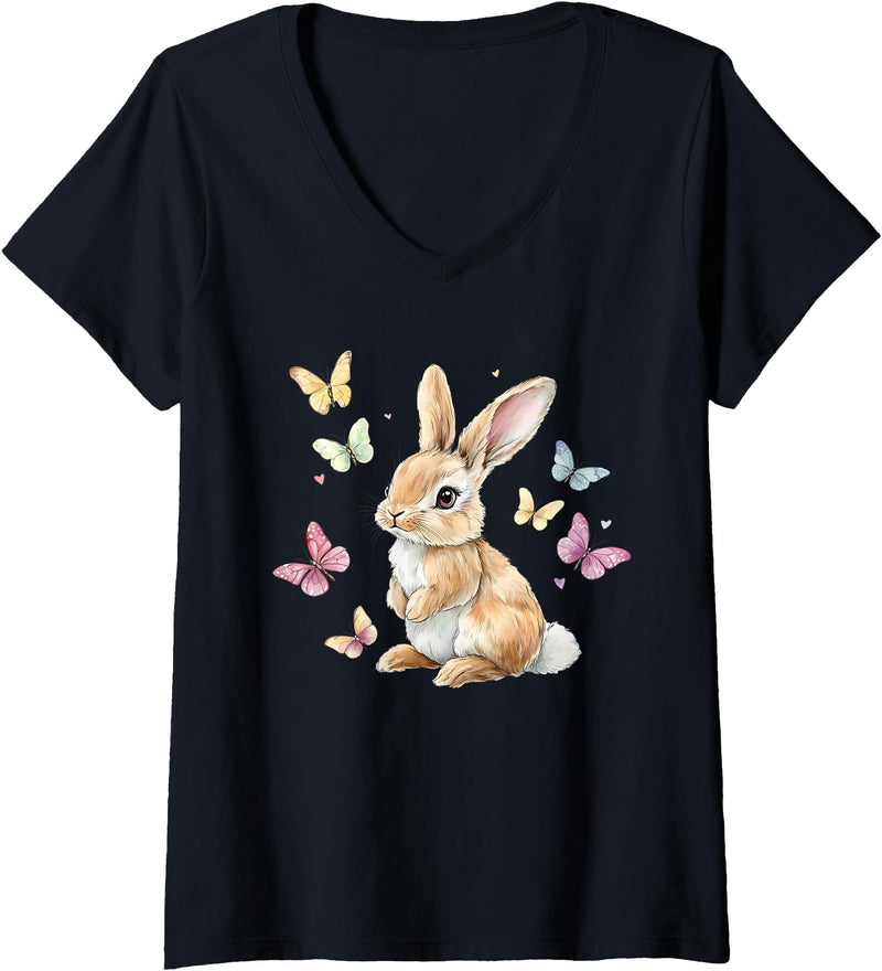 Womens Cute Easter Bunny Rabbit Butterfly V-Neck T-Shirt in Black