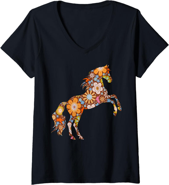 Rustic Meadow Co. Women's Cute Horse Design Boho Floral Cottagecore Horse Lover Shirt V-Neck T-Shirt - Black