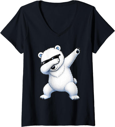 Women's Fun Dabbing Polar Bear Cool Stylish Dab Dance Bear V-Neck T-Shirt