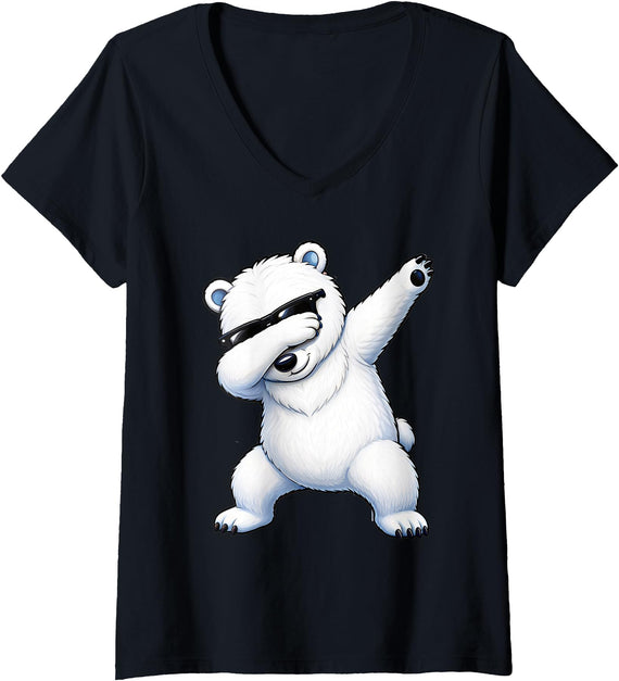 Cool Dabbing Polar Bear Women's Fun Dabbing Polar Bear Cool Stylish Dab Dance Bear V-Neck T-Shirt - Black