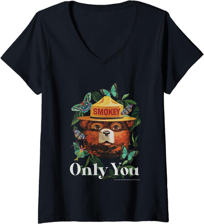 Womens Smokey Bear Only You Minimal Smokey Butterflies V-Neck T-Shirt