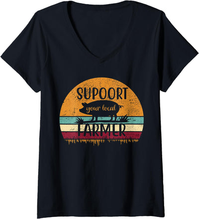 Womens Vintage Farm Pig Farming Support Your Local Farmer Gift V-Neck T-Shirt