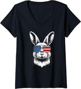 Women's American Bunny USA Pride Rabbit V-Neck T-Shirt in Black