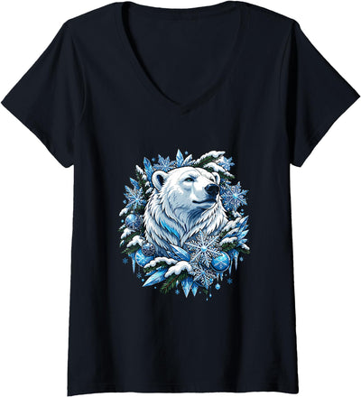 Women's Christmas Polar Bear Wreath Ice Crystals V-Neck T-Shirt