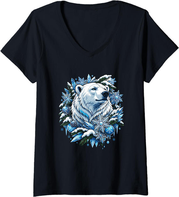 Arctic Polar Bear Winter Snowflakes Women's Christmas Polar Bear Wreath Ice Crystals V-Neck T-Shirt - Black