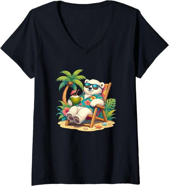 Tropical Polar Bear Summer Beach Vibes Women's Relaxed Polar Bear Hawaiian Shirt Summer Beach V-Neck T-Shirt - Black