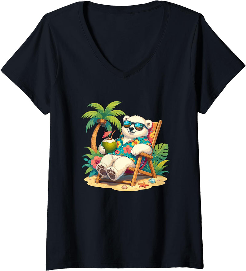Tropical Polar Bear Summer Beach Vibes Women's Relaxed Polar Bear Hawaiian Shirt Summer Beach V-Neck T-Shirt - Black