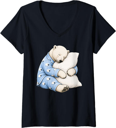Women's Polar Bear Sleeping in Cute Pajamas Sleep V-Neck T-Shirt