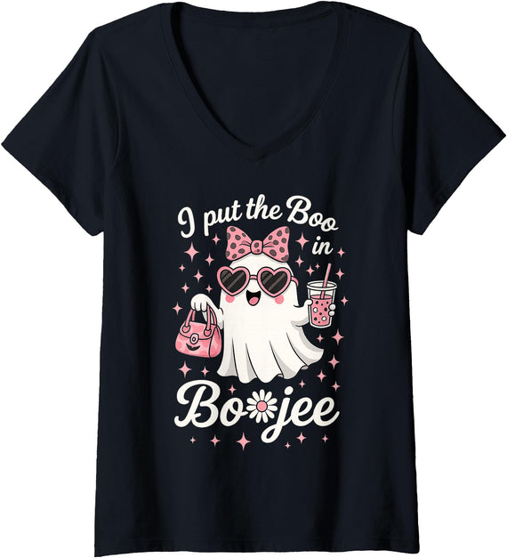 Spooky Cute Boujee Ghost Pink Funny Halloween Tee Womens I Put The Boo in Boojee Funny Ghost Pink Bow Halloween V-Neck