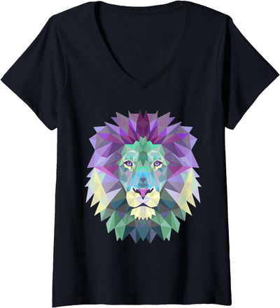 Womens Lion Face Cool Zoo Animals V-Neck T-Shirt