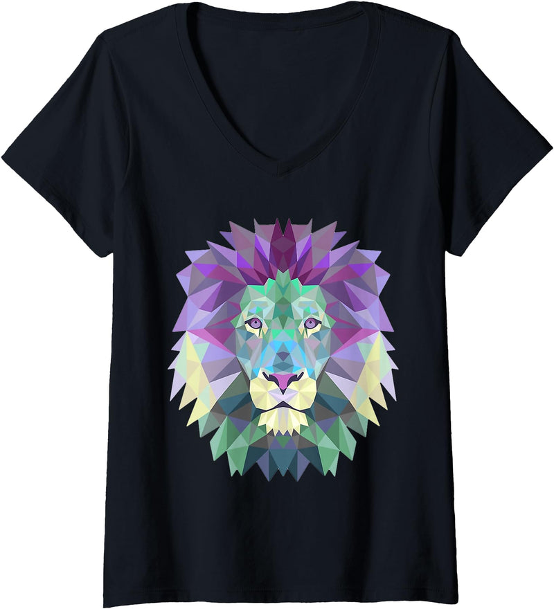 Lion Shirts JG Womens Lion Face Shirt Cool Zoo Animals V-Neck T-Shirt - Black