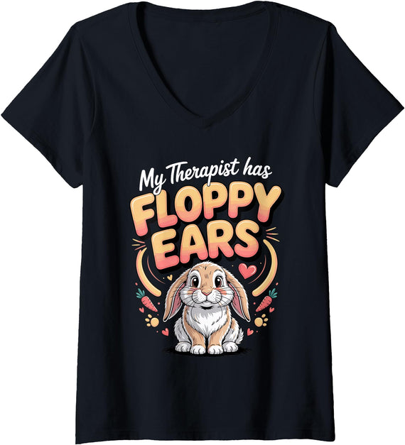 Women's My Therapist Has Floppy Ears Rabbit Bunny V-Neck T-Shirt in Black