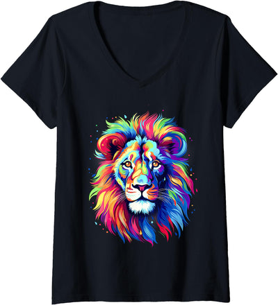 Womens Colorful Lion Spirit Animal Multicolor Art Leo Lion V-Neck T-Shirt