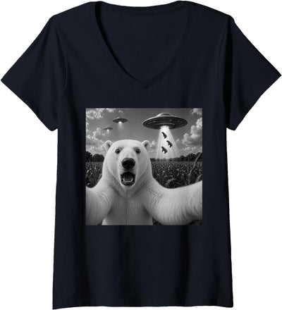 Women's Polar Bear Selfie with UFO Alien Funny V-Neck T-Shirt