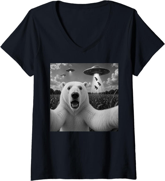 Retro Polar Bear Selfie with UFOs Meme Women's Polar Bear Selfie with UFO Alien Funny V-Neck T-Shirt - Black