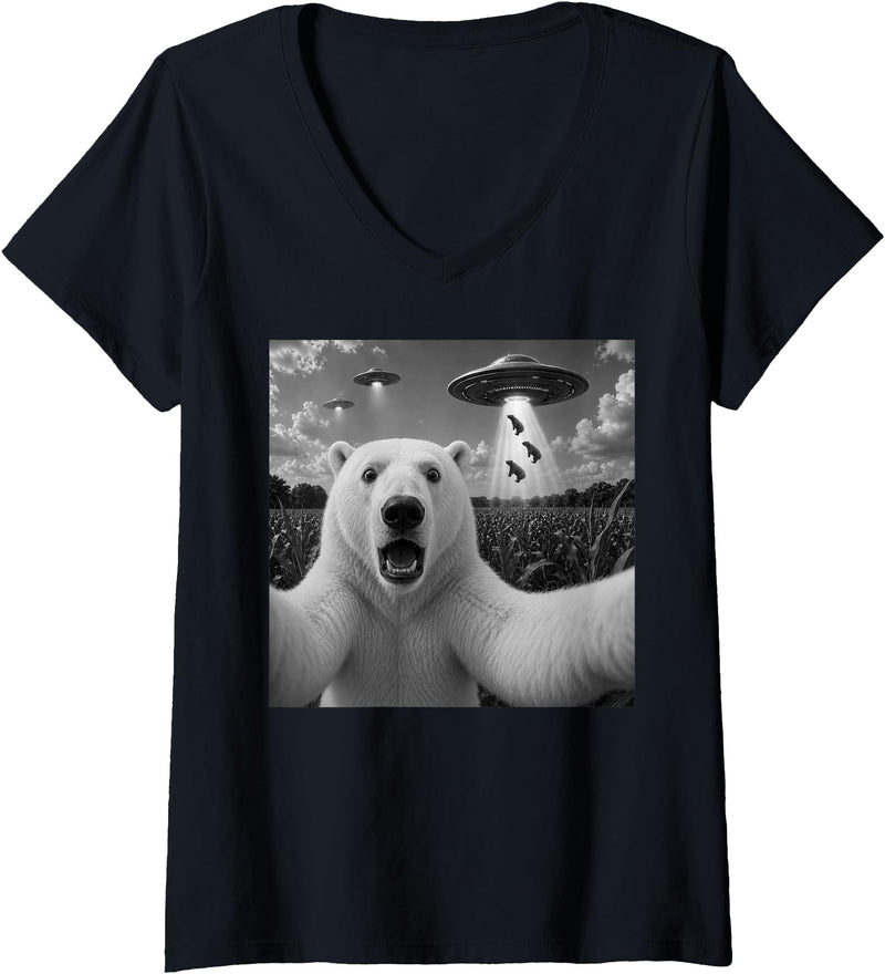 Retro Polar Bear Selfie with UFOs Meme Women's Polar Bear Selfie with UFO Alien Funny V-Neck T-Shirt - Black