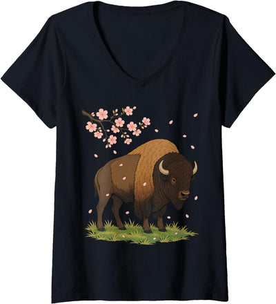 Bison Cherry Blossom Ukiyo Art Buffalo Sakura Funny V-Neck T-Shirt