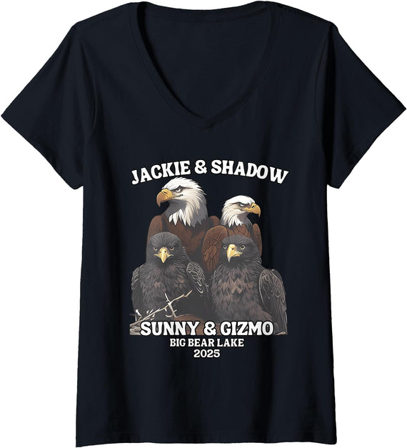 Jackie and Shadow Bald Eagle Family Tee Womens Jackie And Shadow Sunny And Gizmo Big Bear Lake 2025 V-Neck T-Shirt - Black