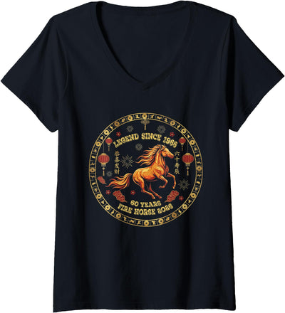 Chinese New Year 2026 Fire Horse Apparel Women's Chinese Zodiac Fire Horse 2026 -Legend Since 1966 60th Birth V-Neck T-Shirt