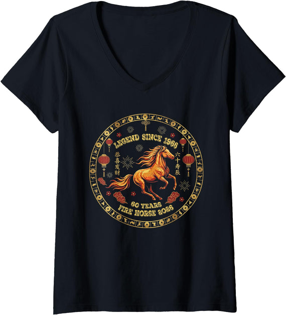 Chinese New Year 2026 Fire Horse Apparel Women's Chinese Zodiac Fire Horse 2026 -Legend Since 1966 60th Birth V-Neck T-Shirt - As Pictured