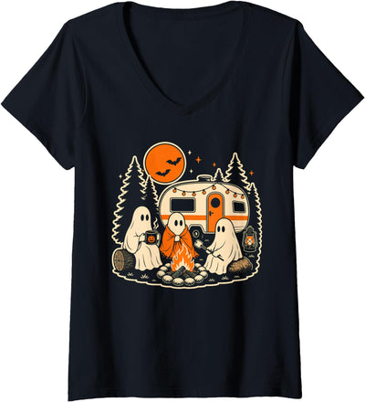 Vintage Halloween Camp Lovers Women's Halloween Camping Ghost Camper Vintage Style V-Neck T-Shirt