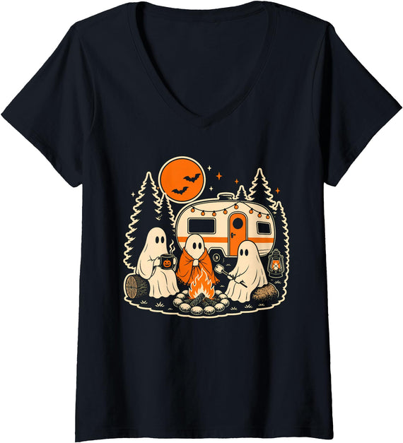 Vintage Halloween Camp Lovers Women's Halloween Camping Ghost Camper Vintage Style V-Neck T-Shirt - Black