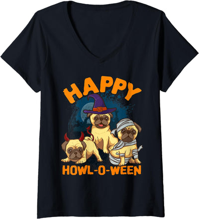 Halloween Pug Good Apparel Co. Womens Halloween Pug HAPPY HOWL-O-WEEN Pugs Dog Lovers Mom Gift V-Neck T-Shirt
