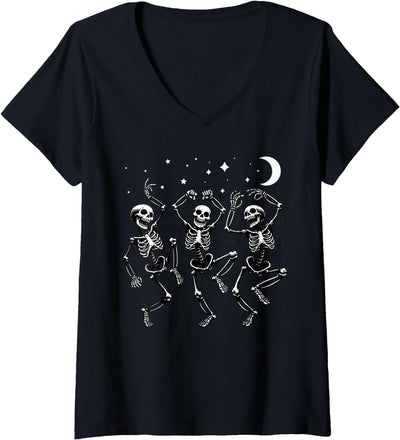 Spooky Skeleton Moon Dance Halloween Costume Womens Skeleton Dancing Under The Moon Funny Halloween Skull Dance V-Neck T-Shirt