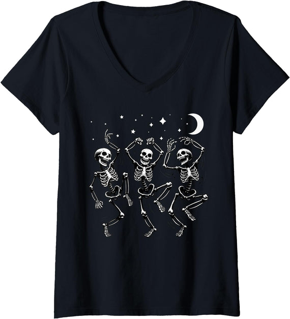 Spooky Skeleton Moon Dance Halloween Costume Womens Skeleton Dancing Under The Moon Funny Halloween Skull Dance V-Neck
