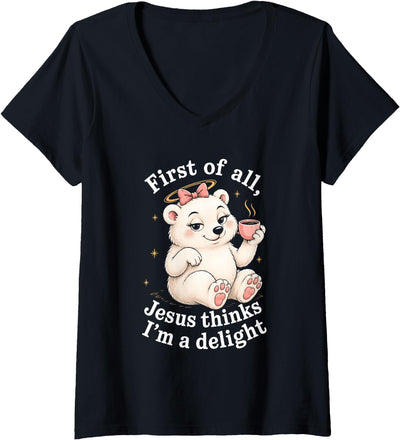Women's First of All Jesus Thinks I'm A Delight Funny Polar Bear V-Neck T-Shirt