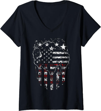 Bold Buffalo Silhouette with Distressed American Flag V-Neck T-Shirt
